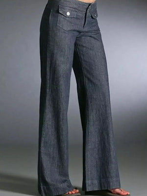 Dark blue wide-leg jeans on a gray background