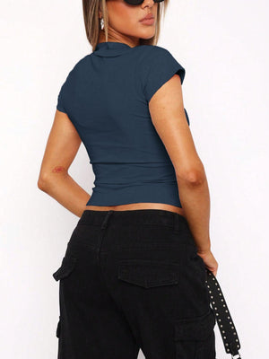 Back view of blue Devine Johnny Collar Short Sleeve T-Shirt