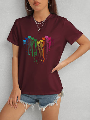 Burgundy Heart Round Neck Short Sleeve T-Shirt