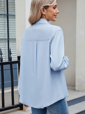 Back view of light blue Solid Color Collared Neck Long Sleeve Shirt