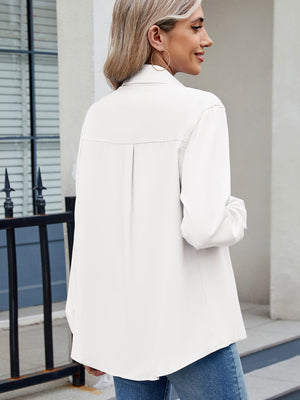 Back vie of white Solid Color Collared Neck Long Sleeve Shirt