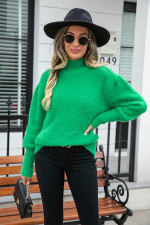 Green Angel Wings Turtle Neck Long Sleeve Pullover Sweater