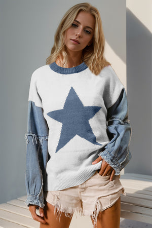 white Double Take Full Size Star Pattern Raw Edge Long Sleeve Sweater