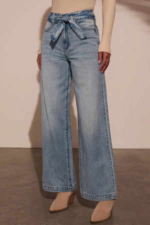 Full view of Tied Wide Leg Jeans with Pockets