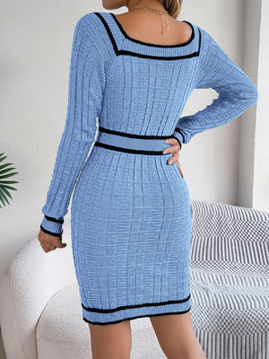Back view of blue Contrast Trim Long Sleeve Sweater Dress