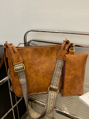 Close up view of brown PU Leather Adjustable Strap Crossbody Bag with Pouch