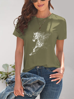 Green Horse Round Neck Short Sleeve T-Shirt