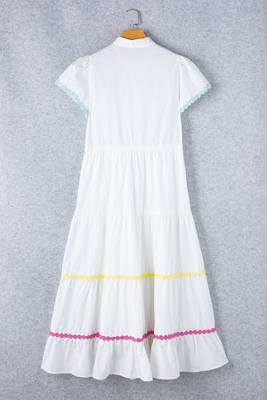 Back view of Contrast Trim Button Up Short Sleeve Dress
