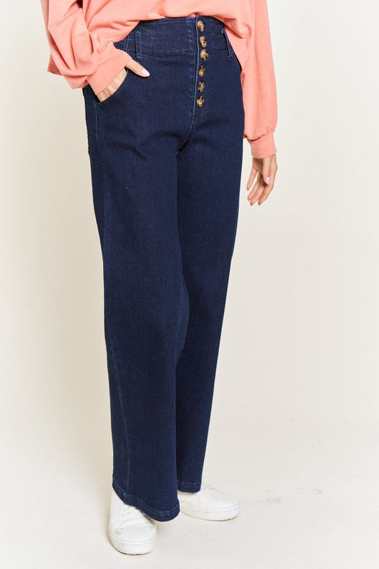 Front view of HIGH WAISTED BUTTON WIDE LEG JEANS
