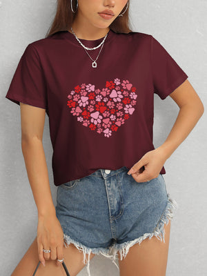 Front view of burgundy Heart Round Neck Short Sleeve T-Shirt