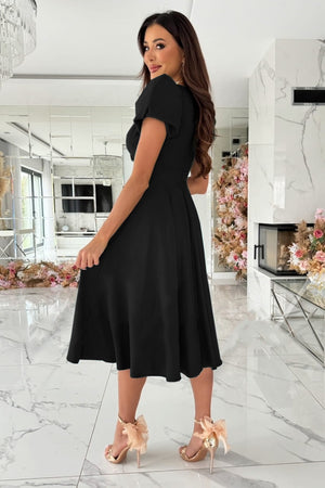 Side view of Surplice Puff Sleeve Midi Dress