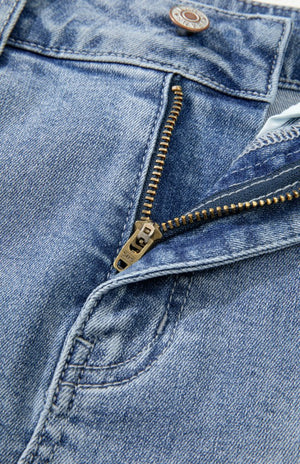 View of zipper on Distressed Raw Hem Heart Denim Skirt