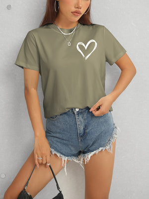 Green Heart Round Neck Short Sleeve T-Shirt