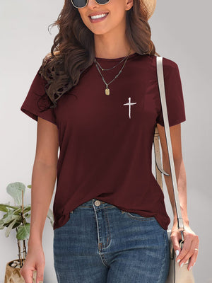 Burgundy Cross Graphic Round Neck T-Shirt