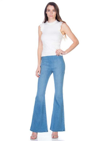 zipper back faded denim flare Jeans