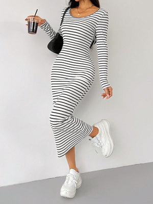 Front Striped Scoop Neck Long Sleeve Midi Tee Dress
