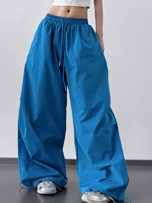 Blue wide-leg pants worn by a person on a plain background