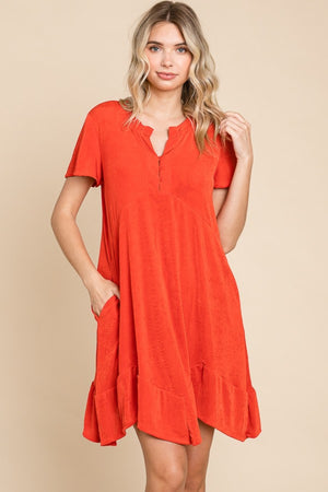 Orange Culture Code Full Size Short Sleeve Ruffled Asymmetric Hem Dress