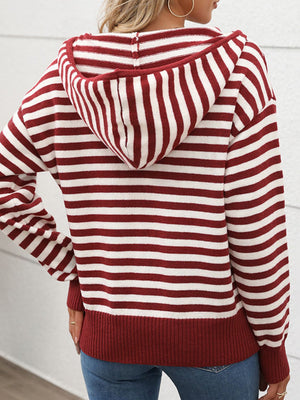 Back view of Perfee Striped Long Sleeve Hooded Sweater