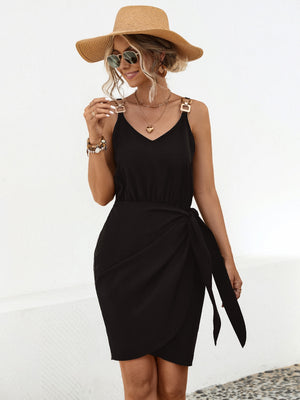 Front view of black Twisted V-Neck Sleeveless Mini Dress