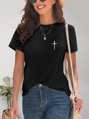 Black Cross Graphic Round Neck T-Shirt