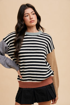 view of the Front of Annie Wear Striped Color Block Round Neck Sweater