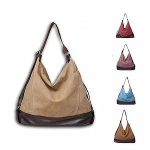 A collection of A line shoulder bags in various colors including beige, brown, blue, and red, with a two-tone design - canvas material with leather at the base.