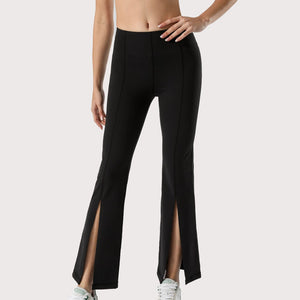 Black Mid Waist Flare Pants with Center Front Slits