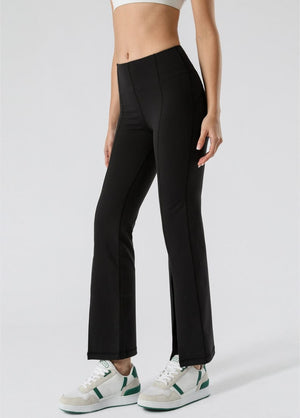 Side view of Mid Waist Flare Pants with Center Front Slits