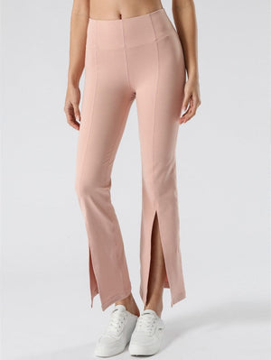 Trendy Mid Waist Flare Pants with Center Front Slits