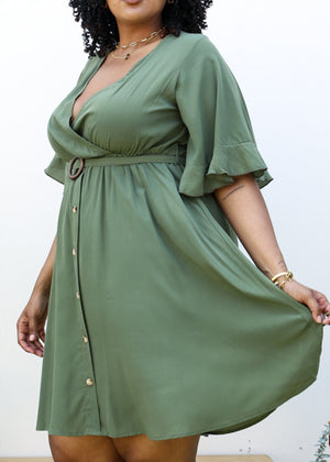 Side view of Plus Size O-Ring Tied Belt Waist Butterfly Flare Sleeve Midi Dress