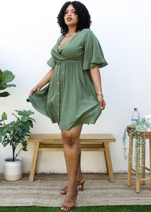 Full view of Plus Size O-Ring Tied Belt Waist Butterfly Flare Sleeve Midi Dress
