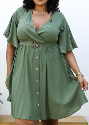 Zoom in view of Plus Size O-Ring Tied Belt Waist Butterfly Flare Sleeve Midi Dress