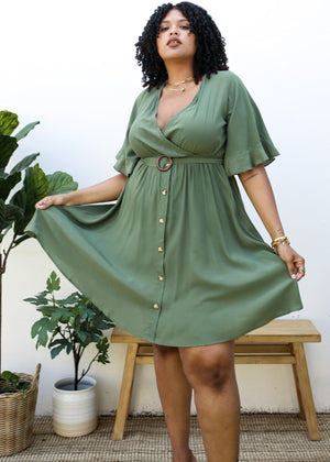 Model showing hem of Plus Size O-Ring Tied Belt Waist Butterfly Flare Sleeve Midi Dress