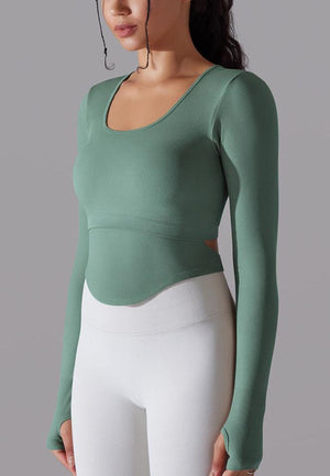 another green Cutout Back Curved Hem Sports Top