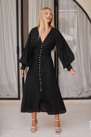 Juliette Pearl Buttons Midi Dress Black