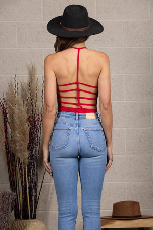 Close up back view of RIBBED SPAGHETTI CUT-OUT BACK BODYSUIT