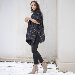 Pleione Women's Plaid Oversized Poncho Cardigan in Navy Plaid
