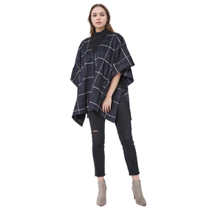 Pleione Women's Plaid Oversized Poncho Cardigan in Navy Plaid