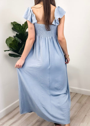 Back view of Ruffled Cap Sleeve Maxi Slit Dress