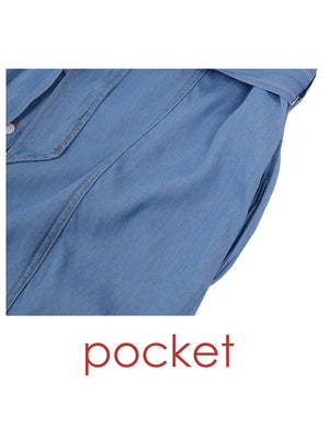 View of pocket on Anna-Kaci Women's Sleeveless Jean Shirt Dress Tied Waist Turn Down Collar Pocket Denim Dress
