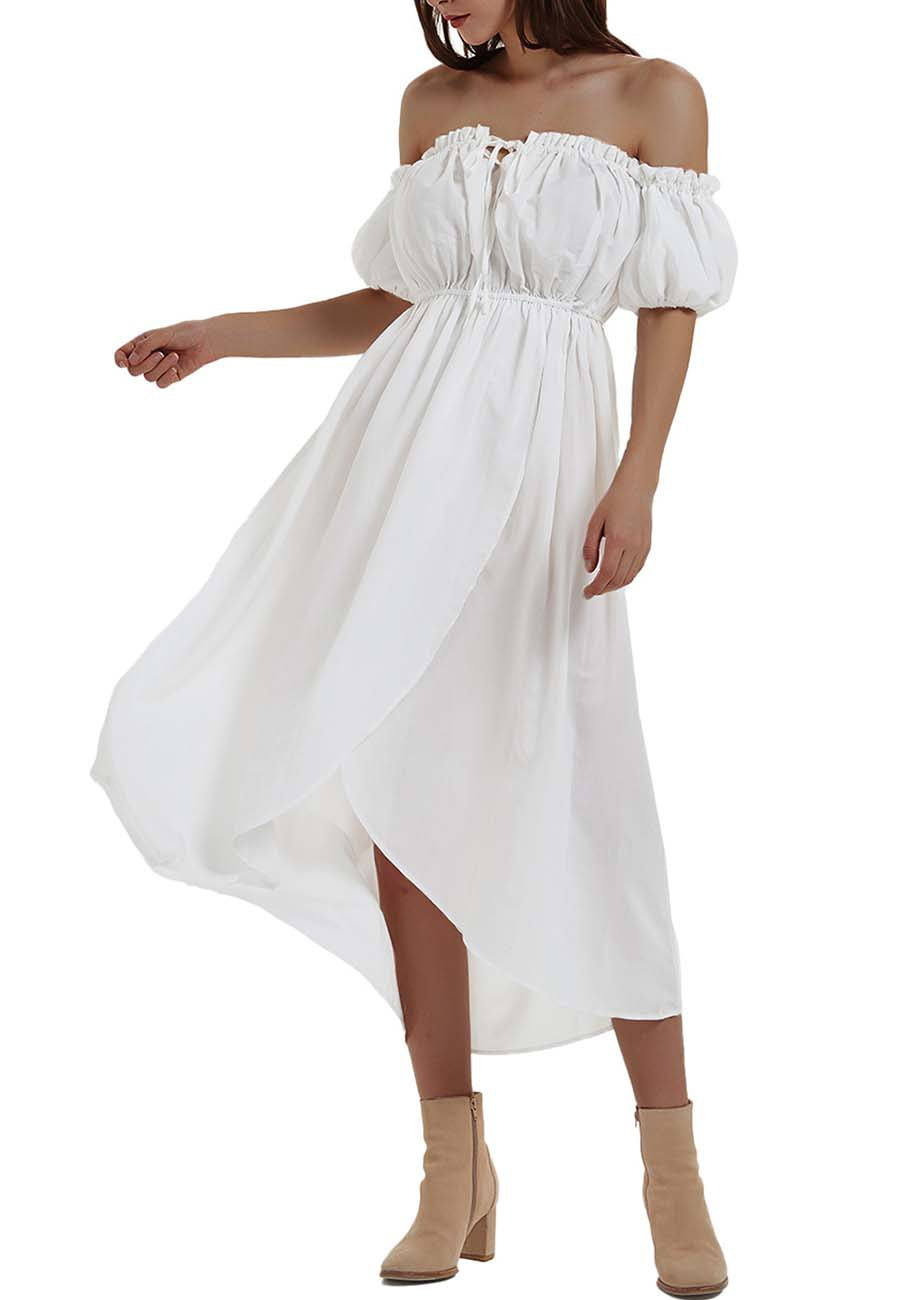White Anna-Kaci Women White Summer Fall Renaissance Dresses Casual Boho Lantern Sleeve Off Shoulder Fairy Long 
