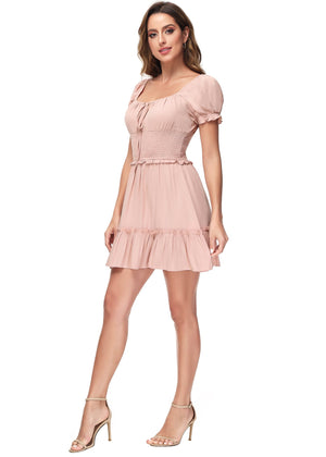 Left side view of Ruffle Sleeve Drawstring Square Neck Mini Dress