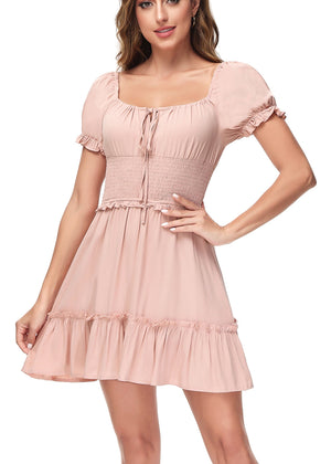Pink Ruffle Sleeve Drawstring Square Neck Mini Dress