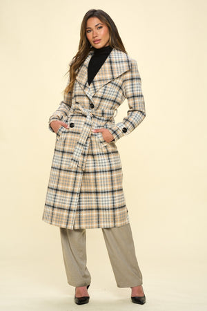 Front view of Coalition LA Double-Breasted Plaid Coat with Belt