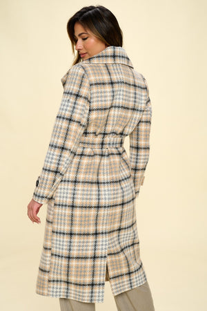 Back view of Coalition LA Double-Breasted Plaid Coat with Belt