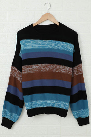 Full view of Contrast Striped Round Neck Drop Shoulder Sweater