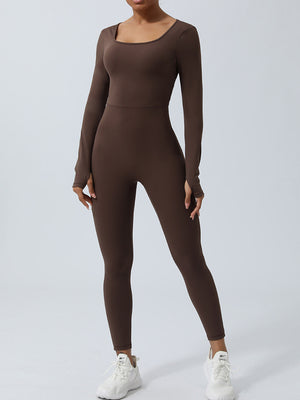 Brown Twisted Backless Long Sleeve Jumpsuit