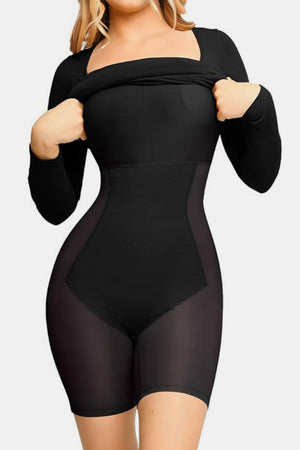 Model showing the spanks under Basic Bae Full Size Built-In Shapewear Square Neck Long Sleeve Dress