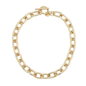 A gold-colored rounded link chain necklace with a toggle clasp.